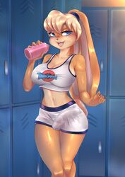 absurd_res anthro balls_in_underwear balls_outline basketball basketball_uniform bedroom_eyes belly big_breasts blonde_female blonde_hair blue_eyes bodily_fluids bottle bottled_water breasts bulge cleavage clothed clothing english_text erection fluffy fluffy_tail fur futanari genital_outline gynomorph hair hi_res intersex kiwanoni lagomorph leporid locker locker_room lola_bunny long_ears looney_tunes mammal narrowed_eyes navel open_mouth penis_outline public rabbit seductive shirt smile solo space_jam sport sportswear sweat sweatdrop tank_top teeth text text_on_clothing text_on_shirt text_on_tank_top text_on_topwear tongue topwear uniform warner_brothers wet white_body white_fur