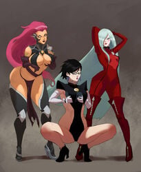 3girls armored_gloves bayonetta bayonetta_(character) bayonetta_2 big_breasts black_hair breast_grab breast_lift breasts catsuit cleavage clothed clothed_female crossover darksiders darksiders_3 eastern_and_western_character female female_focus female_only fully_clothed fury_(darksiders) glowing_eyes grope groping groping_self group hair_over_one_eye hands_behind_head hands_on_breasts heels hips jeanne_(bayonetta) large_breasts leaning_forward lipstick loincloth long_hair looking_at_viewer monokini mostly_clothed multiple_girls one_eye_covered partially_clothed partially_nude plain_background red_lipstick self_fondle short_hair simple_background small_breasts squatting straight_hair take_your_pick tattoo tattoos thick_thighs thigh_boots thigh_highs thighs very_long_hair voluptuous white_hair wide_hips zipper zipper_boots