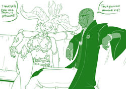 1boy 1girls 2demons 4_arms african african_male artist_request bartender bayonetta bikini bikini_armor cleavage clothed coat couch crossover crossover_pairing dark-skinned_male dark_skin darksiders darksiders_genesis demon demon_boy demon_girl demon_horns demon_humanoid demon_lord demoness dialogue dis_(darksiders) eastern_and_western_character english english_text female flaming_hair flirting green_and_white male melanin merchant midriff monochrome multi_arm multi_limb plain_background rodin_(bayonetta) simple_background sitting sitting_on_chair speech_bubble straight sunglasses tattoo tattoos text thick_thighs thighhighs white_background