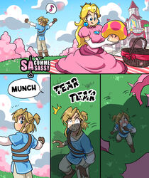 1girls breasts clothes_ripping giantess growth implied_growth link mario_(series) mega_mushroom nintendo princess_peach sasatseng super_mario_bros. tagme the_legend_of_zelda wardrobe_malfunction