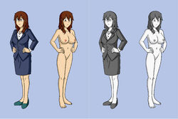 1girls barefoot breasts brown_eyes brown_hair character_sheet clothed clothing completely_nude completely_nude_female dress_shirt female female_only hands_on_hips heels medium_hair nairod103098 naked navel nipples nude nude_female oc original original_character pussy renata_lopez skirt solo suit_jacket vagina white_skin