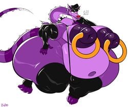 anthro belly big_belly bob_(extrasizedbob) bobthetanuki breasts bulge clothing collar dragon hat headgear headwear hi_res huge_moobs huge_thighs hyper hyper_belly hyper_nipples hyper_thighs latex_armwear latex_legwear legwear male male_only navel nipples overweight overweight_anthro overweight_male purple_body red_nose simple_background solo spiked_collar spikes thick_thighs thigh_highs white_background