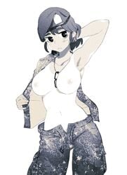 1girls :0 arm_behind_head arm_up armpits bangs bare_shoulders belt beret between_breasts blush breasts breasts_apart breasts_out camouflage camouflage_pants cargo_pants collarbone contrapposto cowboy_shot dog_tags female_focus groin hand_in_hair hat hip_focus jewelry large_breasts looking_at_viewer military military_uniform monochrome navel necklace nipples no_bra no_panties one-piece_tan open_clothes open_fly open_mouth open_shirt pants paratrooper shirt short_hair simple_background solo standing tan tanline thomas_hewitt undressing uniform unzipped