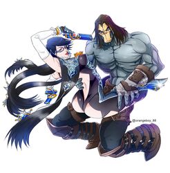 1boy 1girls bayonetta bayonetta_(character) bayonetta_2 black_hair clothed crossover crossover_pairing darksiders darksiders_2 death_(darksiders) duo eastern_and_western_character female glasses goth goth_girl grey_body grey_skin gun handgun lipstick long_hair male masked masked_male milf nephilim plain_background red_lipstick short_hair simple_background sole_female sole_male weapon white_background witch