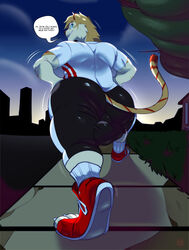 absurd_res anthro ass axton_(ns22) balls balls_outline blue_eyes bottomwear clothing english_text felid footwear fur genital_outline genitals hi_res male mammal outside pantherine rear_view red_clothing red_footwear red_shoes satsui-n0-had0u shirt shoes shorts socks solo speech_bubble text tiger topwear white_clothing white_shirt white_topwear