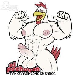 1:1 abs absurd_res albertcrow anthro avian balls big_pecs bird chicken flexing galliform gallus_(genus) genitals gesture hi_res humanoid_genitalia humanoid_penis looking_at_viewer male muscular muscular_male navel nude open_mouth pecs penis phasianid red_eyes simple_background solo thumbs_up white_background white_body