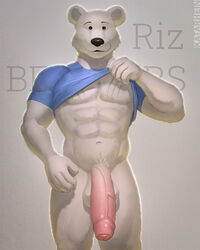 1boy 4:5 abs beastars big_penis bottomless clothing clothing_lift foreskin genitals hi_res humanoid_genitalia humanoid_penis katarhein male male_only mammal muscular muscular_male navel partially_clothed pecs penis riz_(beastars) shirt shirt_lift solo topwear uncut ursid vein veiny_penis