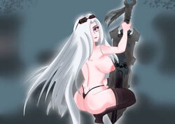 1girls areolae bare_ass bare_back bare_shoulders bare_thighs bayonetta bayonetta_2 big_sword black_thong butt butt_crack chaoseater darksiders dat_ass dimples_of_venus erect_nipples female female_only goggles goggles_on_head grey_eyes hair_over_one_eye jeanne_(bayonetta) large_areolae large_breasts long_hair nipples one_eye_covered pink_areola pink_nipples plain_background sideboob simple_background sole_female solo squatting sword thick_thighs thighhighs thighs thong toned_female very_long_hair white_hair wide_hips witch