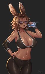 1girls absurd_res black_background brown_hair bunny_ears cameltoe cleavage dark-skinned_female dark_skin drinking elbow_pads face_markings female female_only final_fantasy final_fantasy_xiv glasses legs_together looking_at_viewer mad_kimo medium_hair nipple_bulge purple_eyes rin_(bitme) slit_pupils solo solo_female spilled_drink sports_bra sportswear tank_top thigh_gap viera water water_bottle wide_hips workout_clothes wristband