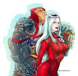 bayonetta blush clothed clothed_female clothed_male crossover crossover_pairing darksiders eastern_and_western_character grey_eyes jeanne_(bayonetta) lips lipstick long_hair plain_background red_lipstick simple_background very_long_hair war_(darksiders) white_background white_hair