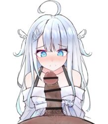 ahoge amatsuka_uto bakertosin bangs bar_censor blue_eyes blush collarbone dtspen furrowed_eyebrows hair_clips indie_virtual_youtuber light_blue_hair looking_at_penis multicolored_hair penis penis_awe precum pubic_hair shoulder_straps silver_hair tear teeth_showing two_side_up virtual_youtuber white_dress wing_hair_ornament