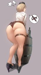 ass barrel black_panties blonde_hair bottle calves commentary female from_behind garrison_cap girls'_frontline hat high_heels highres kneepits looking_back mp40_(girls'_frontline) panties perfect_legs short_hair simple_background skindentation solo speech_bubble thick_thighs thigh_strap thighs thighs_together triangle_bullet underwear wedgie weight_conscious