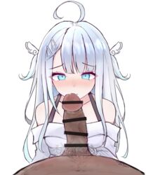 ahoge amatsuka_uto bakertosin bangs bar_censor blush closed_mouth collarbone cum dark-skinned_male dtspen furrowed_eyebrows hair_clips indie_virtual_youtuber light_blue_hair multicolored_hair penis pubic_hair shoulder_straps silver_hair tears two_side_up virtual_youtuber white_dress wing_hair_ornament