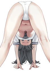 1girls all_fours ass black_hair cleavage clothed from_behind inamitsu_shinji long_hair looking_at_viewer medium_breasts panties solo strap_gap underboob underwear upshirt upside-down white_background white_panties