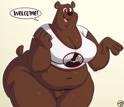 bear big_ass big_belly big_breasts big_butt breasts brown_fur chubby chubby_female cleavage female female_only fur furry furry_only grizzly_bear happy no_humans no_panties pussy red_eyes rule_63 shirt text text_bubble thick_ass thick_thighs toony top_only trashtoonz trashtoonz_(character) ursine white_shirt