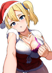 1girls 2021 blonde_hair blue_eyes blush bra breasts christmas christmas_hat christmas_outfit cleavage collarbone female female_focus female_only hayasaka_ai heart-shaped_pupils kaguya-sama_wa_kokurasetai_~tensai-tachi_no_renai_zunousen~ looking_at_viewer side_ponytail sikijou77o simple_background skj_77o solo solo_female white_background