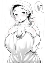 ? apron big_breasts cleavage demon_slayer female female_only headscarf headwear huge_breasts japanese_text kamado_kie kappougi kimetsu_no_yaiba kimono mature_female milf mole_under_mouth monochrome shinolara shortstack sketch solo sweat sweating