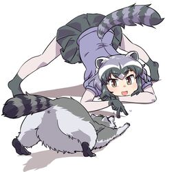 2021 animal_humanoid anus ass biped black_nose clothed clothing common_raccoon_(kemono_friends) duo feral fur grey_body grey_fur hi_res humanoid humanoid_hands jack-o'_pose kemono_friends mammal mammal_humanoid pose procyonid procyonid_humanoid raccoon raccoon_humanoid simple_background umikazenet3 white_background x_anus