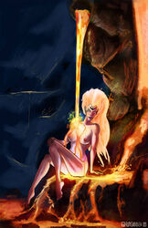 1girls areolae bare_arms bare_back bare_breasts bare_legs bare_midriff bare_shoulders barefoot bathing completely_naked completely_nude completely_nude_female darksiders darksiders_3 detailed_background erect_nipples female female_focus female_only flaming_hair fury_(darksiders) glowing_eyes glowing_hair lava lips lipstick markings naked naked_female nephilim nipples nude nude_female sitting tattoo tattoos volcanic_setting volcano white_eyes