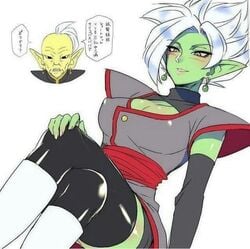 1girls big_breasts dragon dragon_ball dragon_ball_super earrings female female_zamasu green_skin rule_63 solo_focus super_saiyan super_saiyan_rose white_hair zamasu