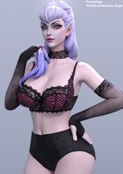 3d 3d_(artwork) ass black_bra black_panties breasts cleavage depp_(artist) evelynn hand_on_hip k/da_all_out_evelynn k/da_all_out_series lace_choker lace_gloves large_breasts league_of_legends lingerie looking_at_viewer pale-skinned_female pale_skin purple_hair tagme thighs tiger_print