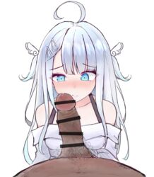 ahoge amatsuka_uto bakertosin bangs bar_censor blush closed_mouth collarbone cum dark-skinned_male dtspen furrowed_eyebrows hair_clips indie_virtual_youtuber light_blue_hair looking_at_penis multicolored_hair penis penis_awe pubic_hair shoulder_straps silver_hair tears two_side_up virtual_youtuber white_dress wing_hair_ornament