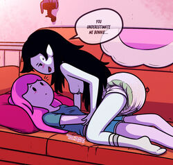 adventure_time black_hair blush canon_couple clothed clothed_female diaper female hand_on_diaper lazyblazy_(artist) marceline pink_hair pink_skin princess_bubblegum romantic topless vampire wetting yuri