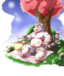 2021 anthro asian_clothing balls_outline belly bulge clothing detailed_background east_asian_clothing felid fundoshi fur genital_outline hi_res humanoid_hands japanese_clothing kemono male mammal moobs nipples outside overweight overweight_male pantherine penis_outline plant sandy18569215 sitting solo tiger tree underwear white_body white_fur