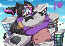 1girls 2021 anthro big_udders black_hair blacklight_(character) bovine breasts building cleavage cow_girl female female_only furry giantess glasses huge_breasts long_hair looking_at_viewer macro mastergodai original original_character purple_eyes solo udders wide_hips