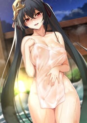 ahoge areolae armpit_crease azur_lane bangs bathing black_eyebrows black_hair blurry blurry_background blush breasts clavicle cleavage covering cowboy_shot crossed_bangs depth_of_field erect_nipples erect_nipples_under_clothes eyebrows_visible_through_hair female female_only hair_between_eyes hair_ornament hair_ribbon hand_on_own_stomach hand_on_stomach high_resolution holding holding_towel ipuu_(el-ane_koubou) large_breasts light long_hair looking_at_viewer mask mask_on_head naked_towel night nipples nose_blush onsen open-mouth_smile open_mouth outdoors red_eyes red_ribbon ribbon see-through sidelocks smile solo steam striped striped_ribbon taihou_(azur_lane) thighs towel tsurime upper_teeth very_long_hair wet wet_towel