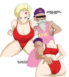 1boy 1girls android_18 anger_vein angry ass ass_cleavage beard blonde_hair blue_eyes blush breasts butt_crack cleavage curvy dragon_ball dragon_ball_gt earrings embarrassed english_text female hand_on_ass huge_ass huge_breasts light-skinned_female light_skin male master_roshi milf moustache old_man older_male pawg short_hair speech_bubble spread_legs sunglasses text thick_ass thick_thighs tight_clothing venus_body voluptuous white_background zetomeso