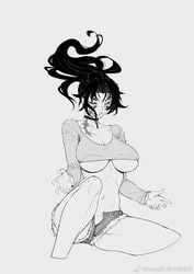 6_eyes alternate_costume big_breasts booty_shorts choker crop_top cutoffs demon demon_girl demon_slayer facial_markings female female_only genderswap_(mtf) greyscale kimetsu_no_yaiba kokushibo looking_at_viewer michikatsu_tsugikuni monochrome multi_eye ponytail rule_63 short_shorts solo underboob