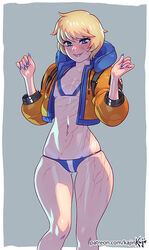 1girls 2d apex_legends bikini blonde_hair blue_eyes blue_nail_polish blue_nails blush bra cheek_scar cute face_scar female full_body_scar kajinman lichtenberg_figure looking_at_viewer navel_piercing panties piercing scar scar_on_cheek scar_on_face scar_on_side scars short_hair solo standing thick_thighs very_short_hair wattson_(apex_legends) wide_hips