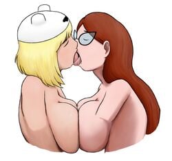 2girls adventure_time betty_grof blonde_hair brunette cartoon_network closed_eyes edit female female/female female_only french_kissing glasses hat kissing large_breasts long_hair mature_female mature_woman milf minerva_campbell multiple_girls naked nude short_hair symmetrical_docking tongue_kiss white_background yuri zebcrush