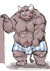 anthro balls belly big_belly big_muscles blush bovid bovine boxers_(clothing) cattle clothing edit erection genitals hi_res kotobuki male mammal musclegut muscular muscular_anthro muscular_male penis simple_background solo stocky uncensored underwear white_background