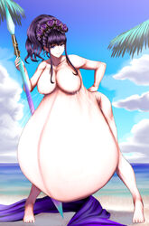 1girls absurdres areolae beach breasts fate/grand_order fate_(series) female female_only highres huge_belly hyper_belly hyper_pregnancy lactation large_breasts linea_nigra milk murasaki_shikibu_(fate) nipples nude outdoors outside pregnant ready_to_pop uwasa75