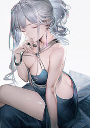 ak-12_(girls'_frontline) alternative_costume arm_support ass ass_cleavage back backless_outfit bent_knees blue_dress bracelet breasts butt_crack clavicle cleavage closed_eyes crossed_legs curly_hair dress earrings female finger_to_mouth fingernails girls'_frontline hand_to_own_mouth hand_up high_resolution holding jewelry large_breasts liduke light_background lipstick long_hair makeup open-back_dress piercing ponytail posterior_cleavage ringlets silver_hair simple_background sitting smile solo tagme thighs tied_hair weibo white_hair