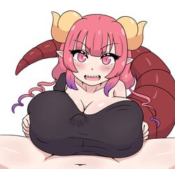 1boy 1girls big_breasts breasts covered_paizuri eye_contact female high_resolution horns huge_breasts ilulu_(dragon_maid) large_breasts light-skinned_female light-skinned_male light_skin looking_at_viewer miss_kobayashi's_dragon_maid monster_girl paizuri pointy_ears red_eyes red_hair sharp_teeth shortstack smaller_female tail white_background winzaku_(asakura)