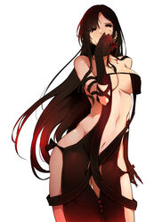 bangs bare_shoulders black_dress black_gloves blood breasts brown_hair center_opening choker clavicle dress ear_piercing earrings elbow_gloves fate/grand_order fate_(series) female female gloves high_resolution jewelry large_breasts long_hair looking_at_viewer multiple_earrings navel piercing red_eyes revealing_clothes ribbon-trimmed_dress simple_background solo strapless strapless_dress tagme thighs tokiwa_midori_(kyokutou_funamushi) very_long_hair white_background yu_miaoyi_(fate)