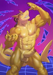 1boy abs alpha0 anthro balls biceps blue_eyes claws erection fin fish foreskin genitals hair hi_res humanoid_genitalia humanoid_penis looking_at_self male male_only marine muscular muscular_anthro muscular_male navel nipples open_mouth pecs penis pink_background ponytail purple_background shark simple_background solo teeth uncut yellow_body