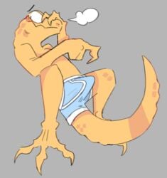 anthro blush briefs bulge clothed clothing embarrassed erection hi_res lizard male male/male reptile scalie shy simple_background sodacaps solo tent topless underwear