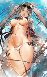 akuta_hinako bikini blush breasts cameltoe cat_hair_ornament eyepatch_bikini eyewear_on_head fangs fate/grand_order fate_(series) female glasses_on_head glasses_removed grey_eyes grey_hair hair_ornament high_resolution lancer_(yu_miaoyi) large_breasts long_hair looking_at_viewer medium_breasts megane midriff navel nishiide_kengorou open_mouth side-tie_bikini solo sunglasses swimsuit tagme tied_hair twintails underboob very_high_resolution white_bikini white_swimsuit xiang_yu_(fate/grand_order) yu_miaoyi_(fate) yu_miaoyi_(swimsuit_lancer)