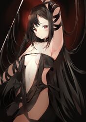 arm_ribbon armpits bangs bare_shoulders black_dress black_hair black_ribbon blush breasts clavicle closed_mouth dress eyebrows_visible_through_hair fate/grand_order fate_(series) female female hair_between_eyes head_tilt high_resolution long_hair medium_breasts navel one_arm_up red_eyes revealing_clothes revision ribbon ribbon-trimmed_dress ribbon_trim silver_(chenwen) solo strapless strapless_dress tagme very_high_resolution very_long_hair yu_miaoyi_(fate)