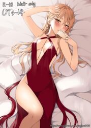 bare_legs bed blonde_hair blush breasts canape_(canape0130) card character_name cleavage dress earrings english english_text eyebrows_visible_through_hair female girls'_frontline head_in_hand high_resolution jewelry legs long_hair looking_at_viewer medium_breasts ots-14_(girls'_frontline) red_dress simple_background solo tagme text yellow_eyes