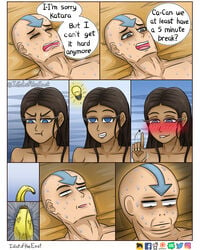 1boy 1girls 2021 aang aged_up air_nomad airbender_tattoo avatar_legends avatar_the_last_airbender bald banana banana_penis bedroom_eyes biting_lip bloodbending blush brown_hair canon_couple comic concerned cute dark-skinned_female dark_skin death_by_snoo_snoo english_text erect exhausted female flaccid funny grey_eyes hair_down humor idea idiotoftheeast implied_nudity implied_sex insatiable katara light-skinned_male light_bulb long_hair looking_at_penis lying lying_on_back male marathon_sex meme pout smile speech_bubble stamina stare sweat sweating_profusely talking_to_partner text the_avatar water_tribe waterbending