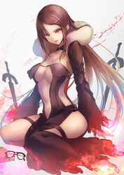 akuta_hinako assassin bangs black_dress black_hair breasts brown_hair center_opening choker clavicle cleavage dress eyewear_removed fate/grand_order fate_(series) female fire fur_trim high_resolution long_hair long_sleeves looking_at_viewer medium_breasts megane navel omoti_(1201208) open_mouth parted_lips red_eyes solo strapless strapless_dress sword tagme thighs very_long_hair weapon white_background yu_miaoyi yu_miaoyi_(fate)