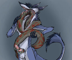 anthro body_invasion deep_throat duo feral fernandgvinn genitals hi_res internal male male/male masturbation mouth_shot open_mouth oral oral_penetration oral_vore penetration penis reptile same_size_vore scalie sergal serpentus_(character) sex snake tongue vore x-ray