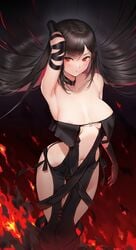 areola_slip areolae arm_behind_head armpits bangs bare_shoulders black_background black_dress black_gloves black_hair blush breast_slip breasts center_opening choker clavicle cleavage closed_mouth consort_yu_(fate/grand_order) dress duan_henglong earrings elbow_gloves fate/grand_order fate_(series) female female fire gloves high_resolution jewelry large_breasts large_filesize long_hair looking_at_viewer multiple_earrings navel no_bra one_arm_up photoshop_(medium) red_eyes revealing_clothes ribbon-trimmed_dress solo strapless strapless_dress tagme thighs very_high_resolution very_long_hair wardrobe_malfunction yu_miaoyi_(fate)