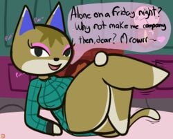 animal_crossing bedroom_eyes dialogue half-closed_eyes half-dressed kitty_(animal_crossing) klutzatdusk legs_up makeup nintendo seductive seductive_smile shortstack