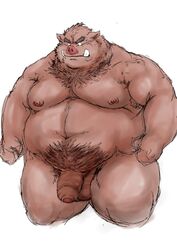 2011 absurd_res anthro barazoku belly big_belly edit flaccid front_view genitals hi_res humanoid_genitalia humanoid_penis kemono kneeling kotobuki male mammal muscular muscular_anthro muscular_male nude obese obese_anthro obese_male overweight overweight_anthro overweight_male penis simple_background solo stocky suid suina sus_(pig) uncensored white_background wild_boar